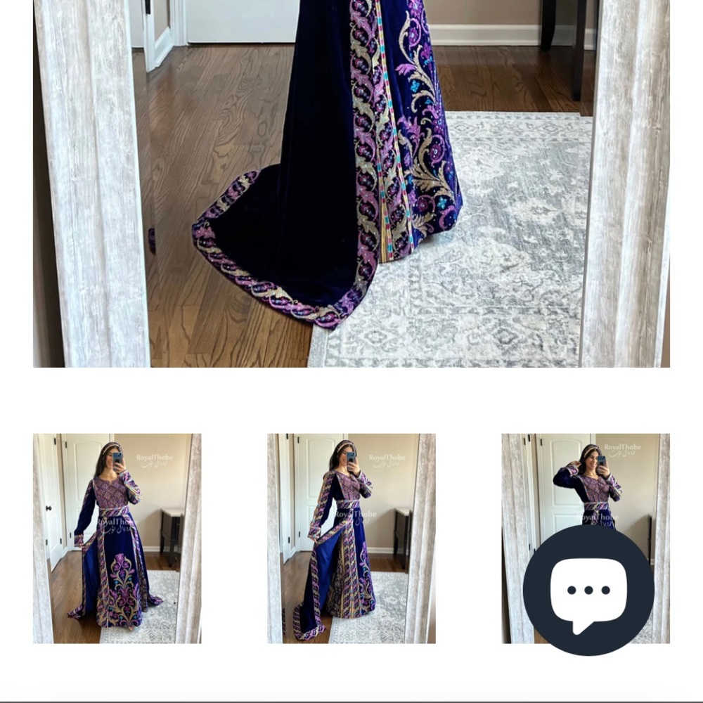 Blue Velvet Full Embroidered Thobe With Removable Skirt